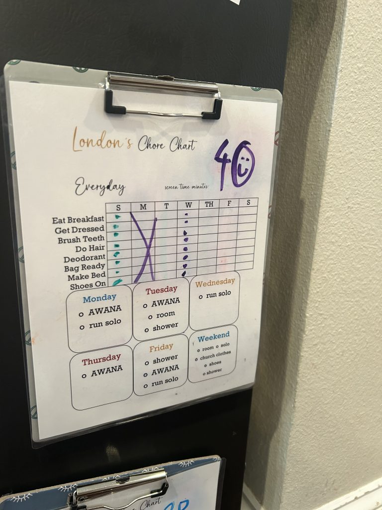 morning chart on a clipboard on a refrigerator 