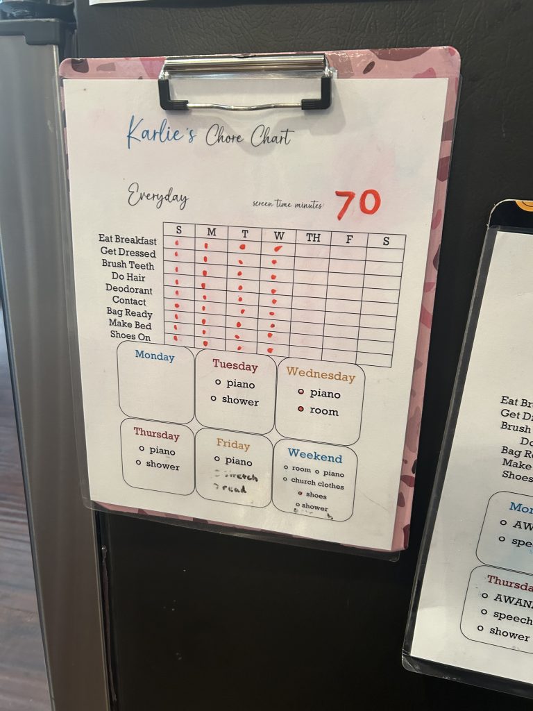 morning chart on a clipboard on a refrigerator 