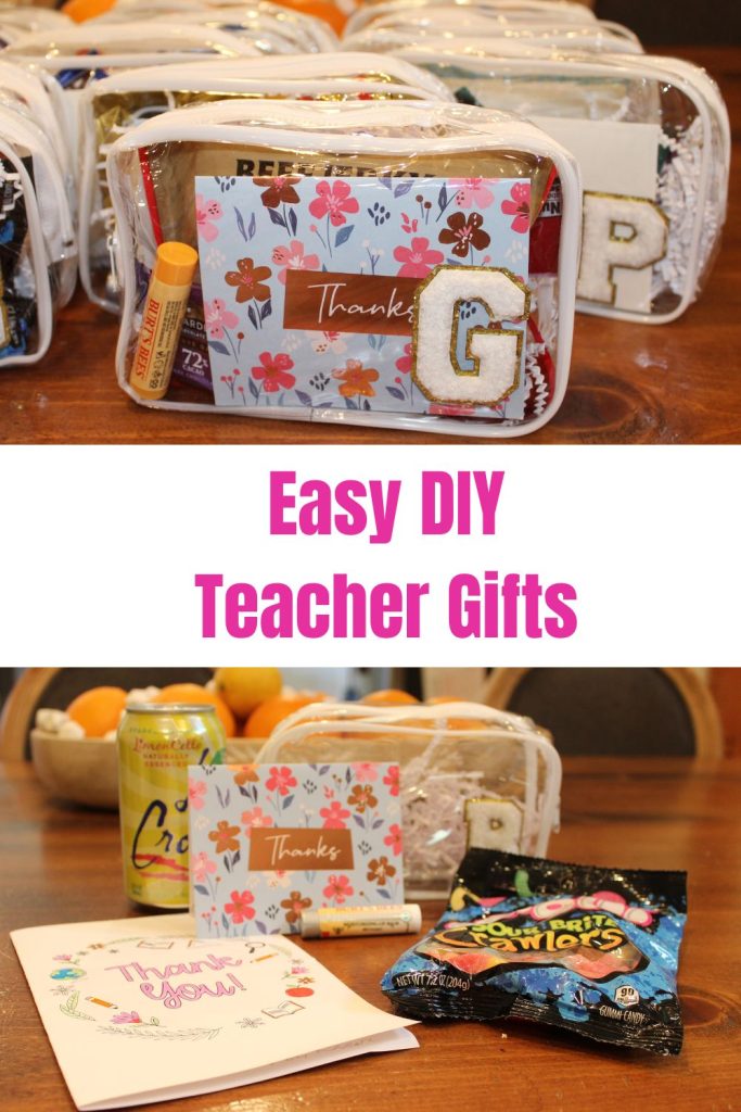 DIY teacher gift ideas with candy, Burt's bees chapstick, thank you cards, bag and varsity sticker letter