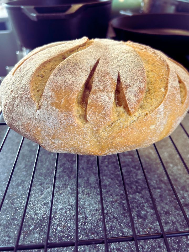 homemade sourdough meal planned homemade sourdough loaf on a wire rack on the kitchen counter